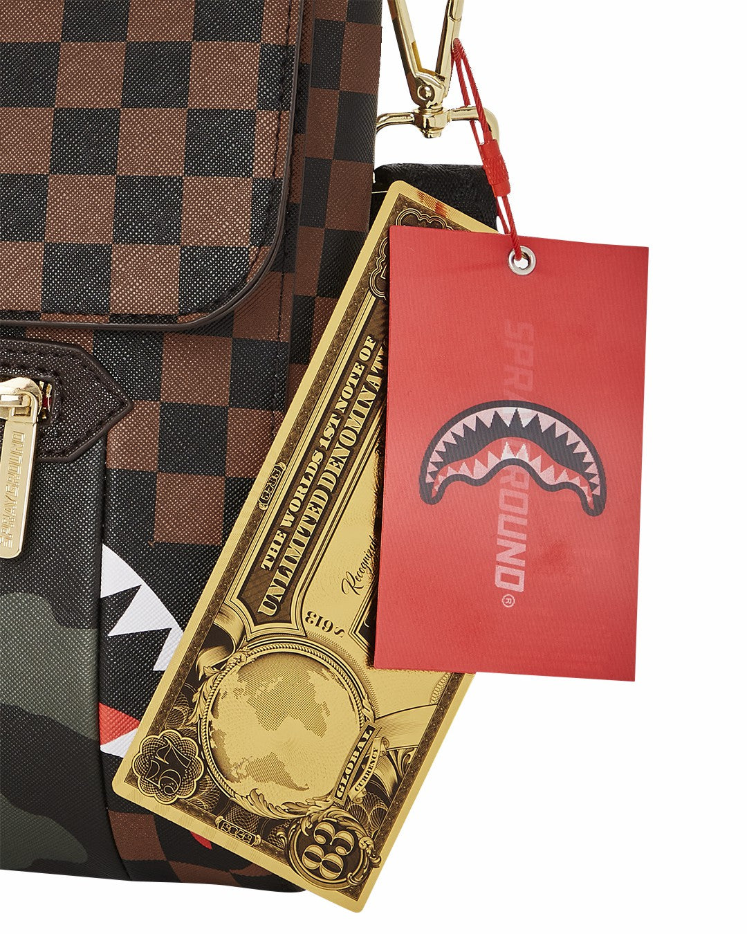 Sprayground - EXTERIOR GOLD ZIP POCKET SHARKS IN PARIS MESSENGER SLING BAG